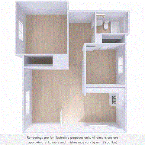 Floor plan for 2 beds, 1 bath, 950 sqft